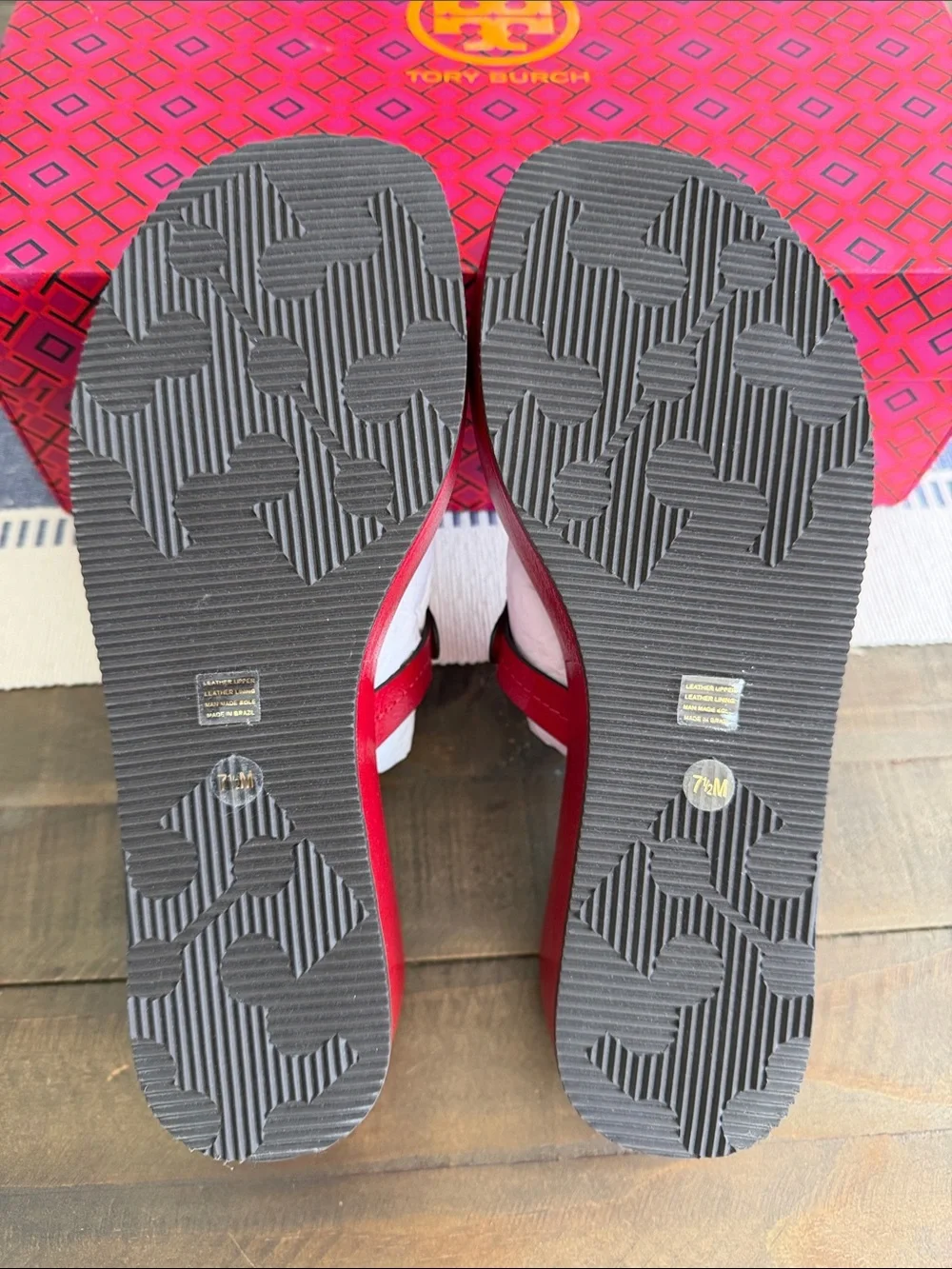 Tory Burch Red Leather Miller Wedge Thong Sandal with Signature Logo